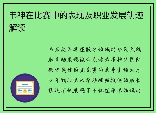 韦神在比赛中的表现及职业发展轨迹解读