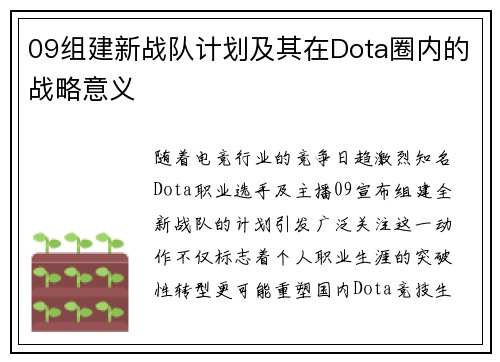 09组建新战队计划及其在Dota圈内的战略意义